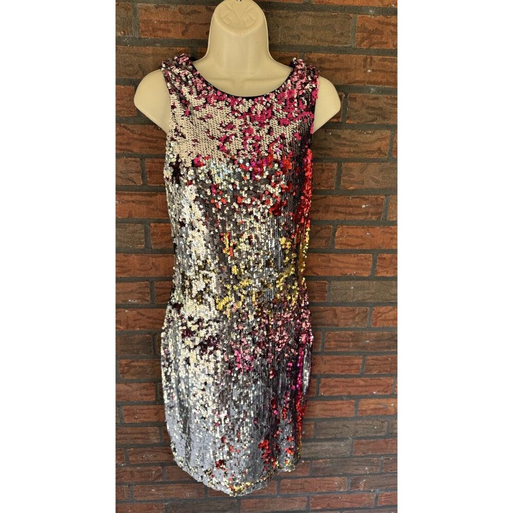 Belle Badgley Mischka Sparkle Sheath Dress Size 4 Flip Sequins Formal Stretch